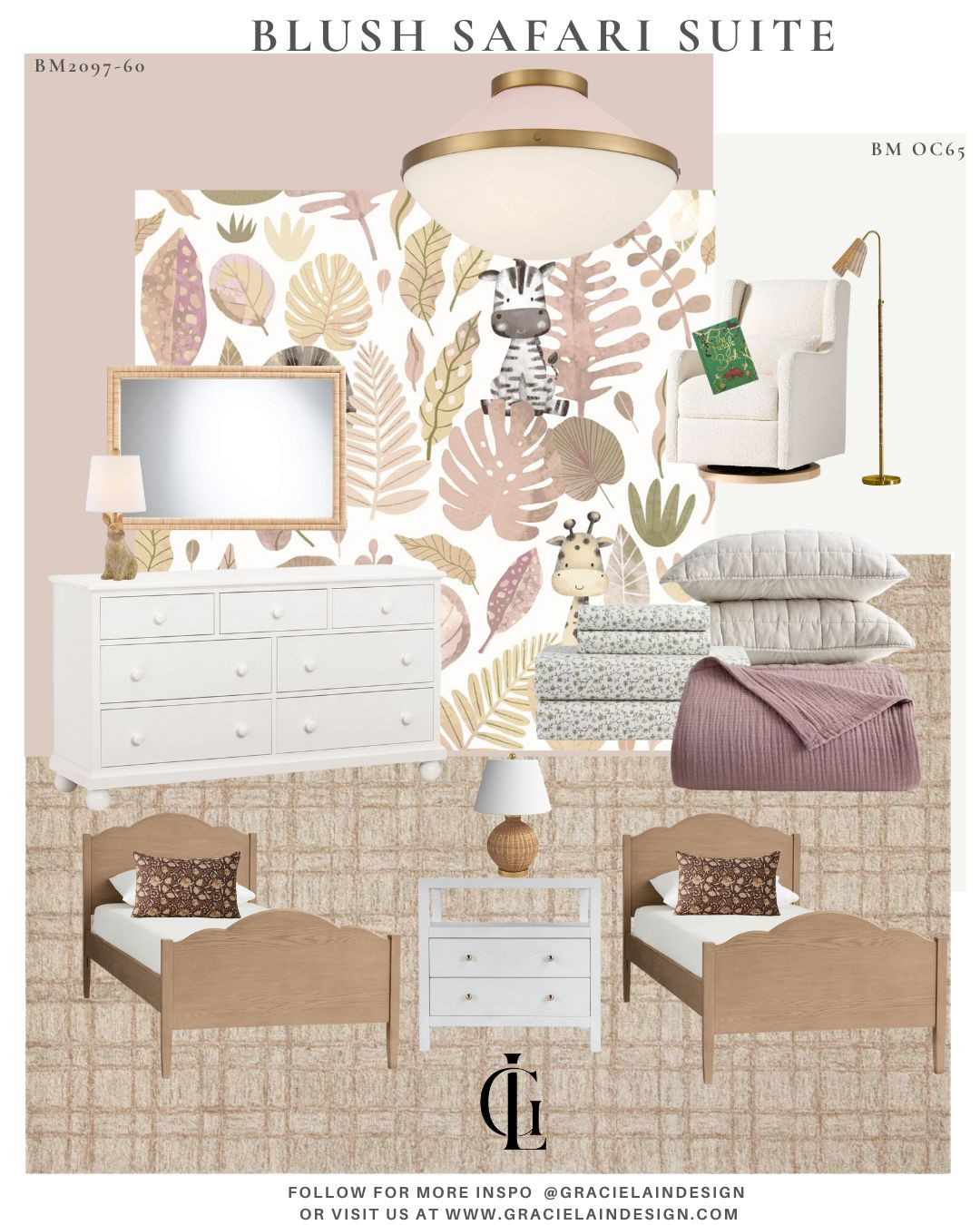 A blush safari dreamscape ✨🐆 Soft colors, natural textures, and a sweet jungle theme that feels playful and elevated. Brass and rattan accents warm the room, while a cozy chair becomes her favorite spot to read, imagine, and grow. The natural rug adds softness under tiny toes, grounding a space that evolves with every new chapter of her story.
Explore more design inspo at gracielaindesign.com.
#SafariNursery #GirlsBedroomDecor #KidsRoomInspo #LTKHome #RoomMakeover #RattanDecor #BlushAesthetic #WhimsicalDecor #PlayfulInteriors #SoftColorPalette #CozyCorners #InteriorInspiration #HomeWithHeart 

 #LTKHome #LTKSaleAlert #LTKKids