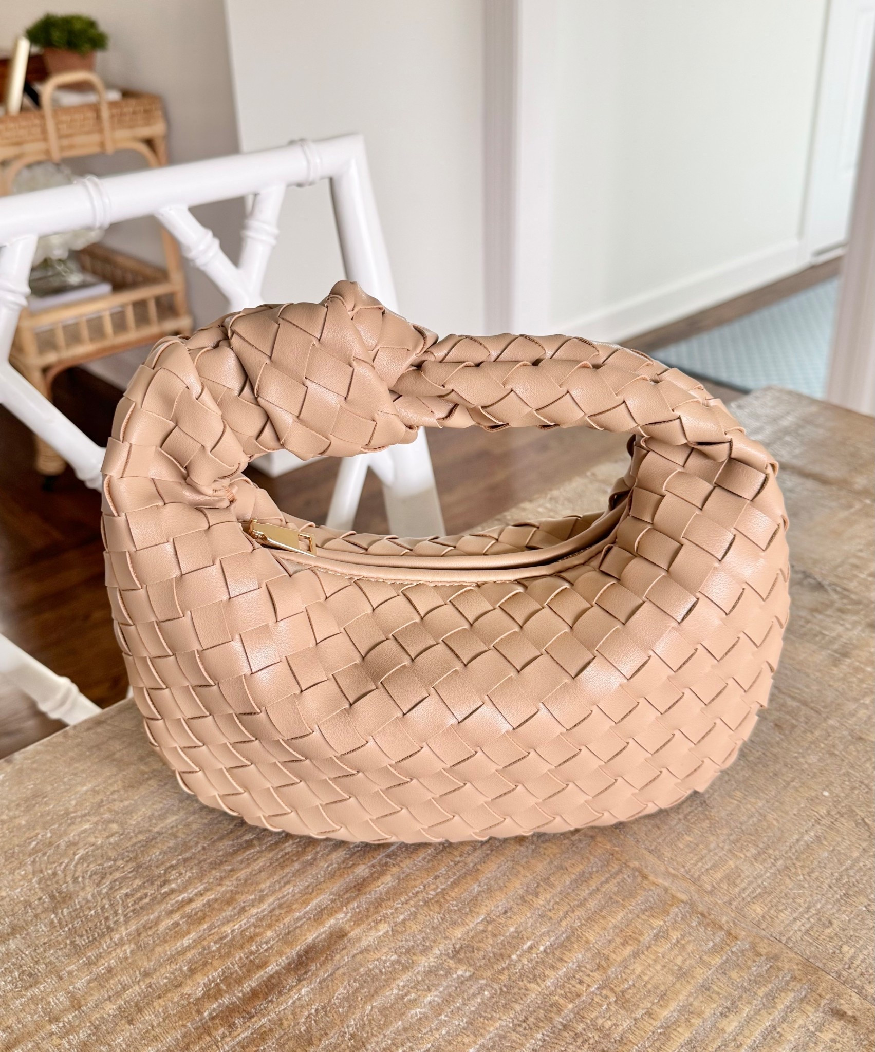 Woven knot neutral handbag. Use code PUTONKINDNESS30 for 30% off.