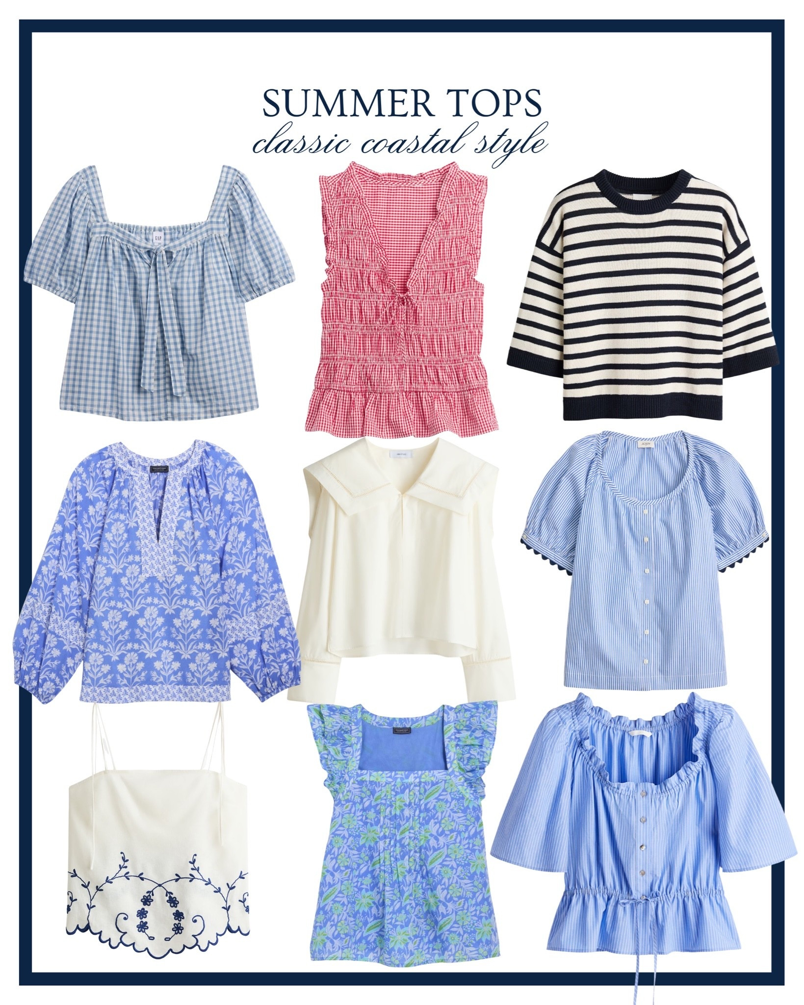Classic summer top and coastal summer top roundup! 🦪🩵 The prettiest preppy shirts and blouses for summer. Coastal grandmother tops, coastal style, coastal grandmother style, New England summer style