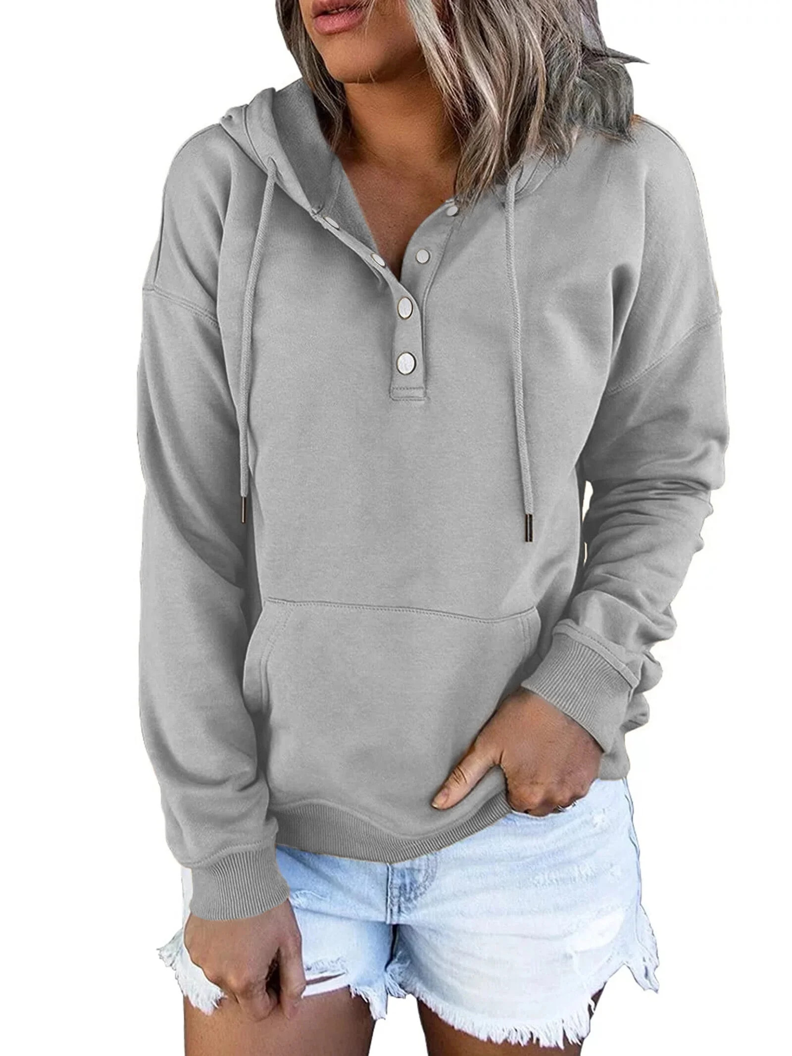 MOSHU Half Boutton Womens Hoodies Drawstring Hooded Sweatshirts for Woman With Pocket - Walmart.c... | Walmart (US)