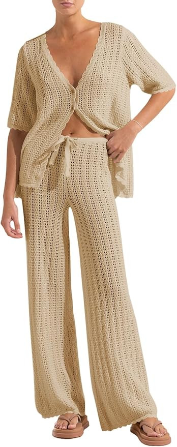 Imily Bela Women's Summer 2 Piece Swimsuit Cover up Crochet Knit Cardigan Tops Long Pants Set Bat... | Amazon (US)