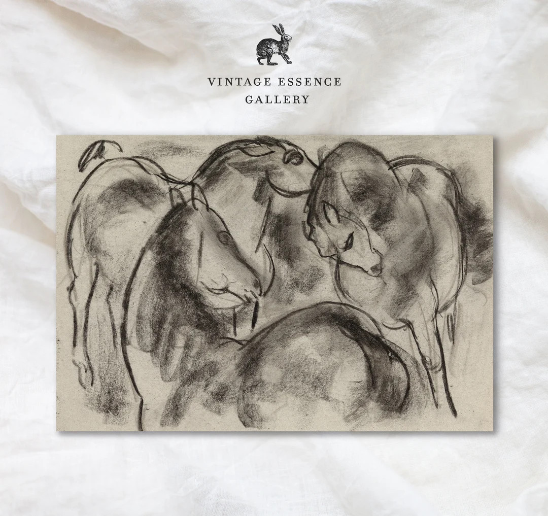 Vintage horse neutral wall art Antique charcoal drawing sketch Equestrian art print Modern farmho... | Etsy (US)