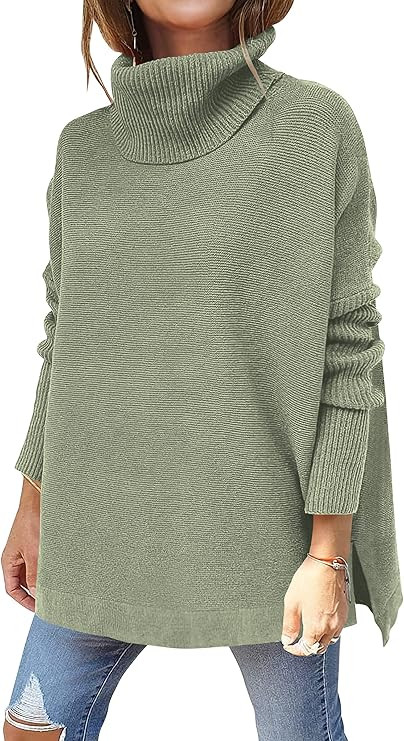 ANRABESS Women's Turtleneck Oversized 2021 Winter Long Batwing Sleeve Spilt Hem Knit Tunic Pullov... | Amazon (US)