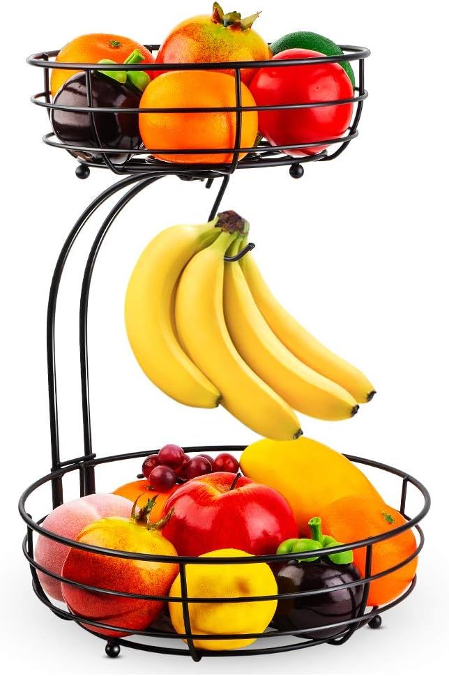 Auledio 2-Tier Countertop Fruit Vegetables Basket Bowl Storage With Banana Hanger, Black | Amazon (US)