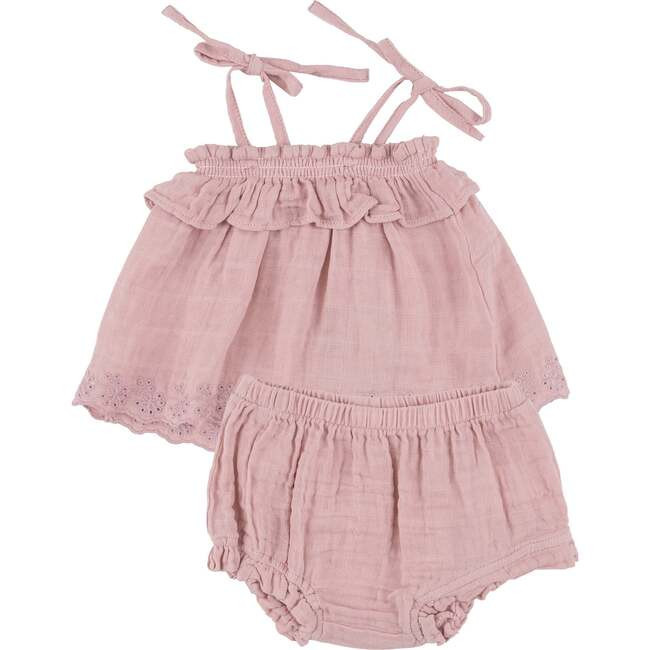 DUSTY PINK SOLID MUSLIN RUFFLE TOP & BLOOMER, Pink | Maisonette