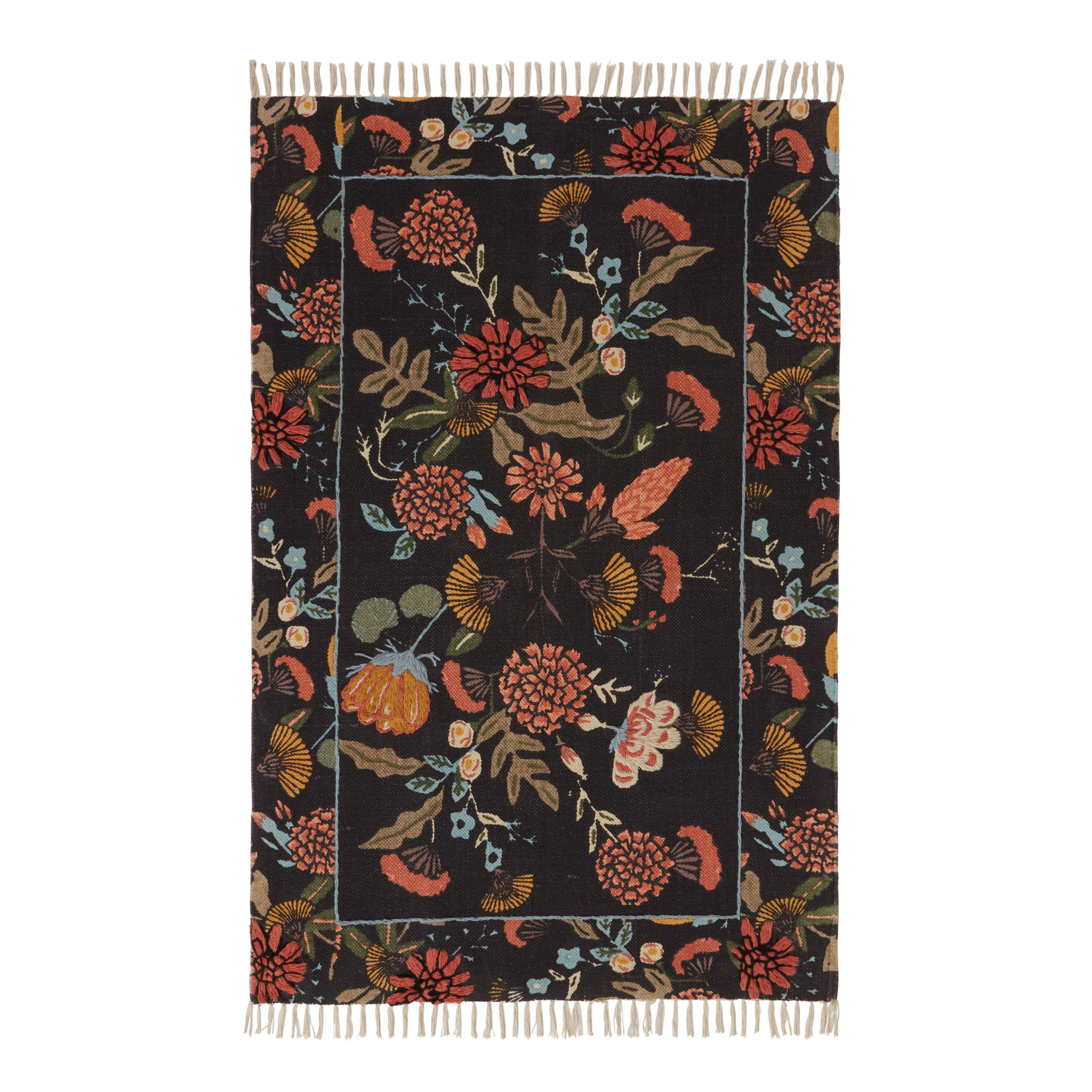 Jaipur Black And Sage Floral Embroidered Cotton Area Rug | World Market