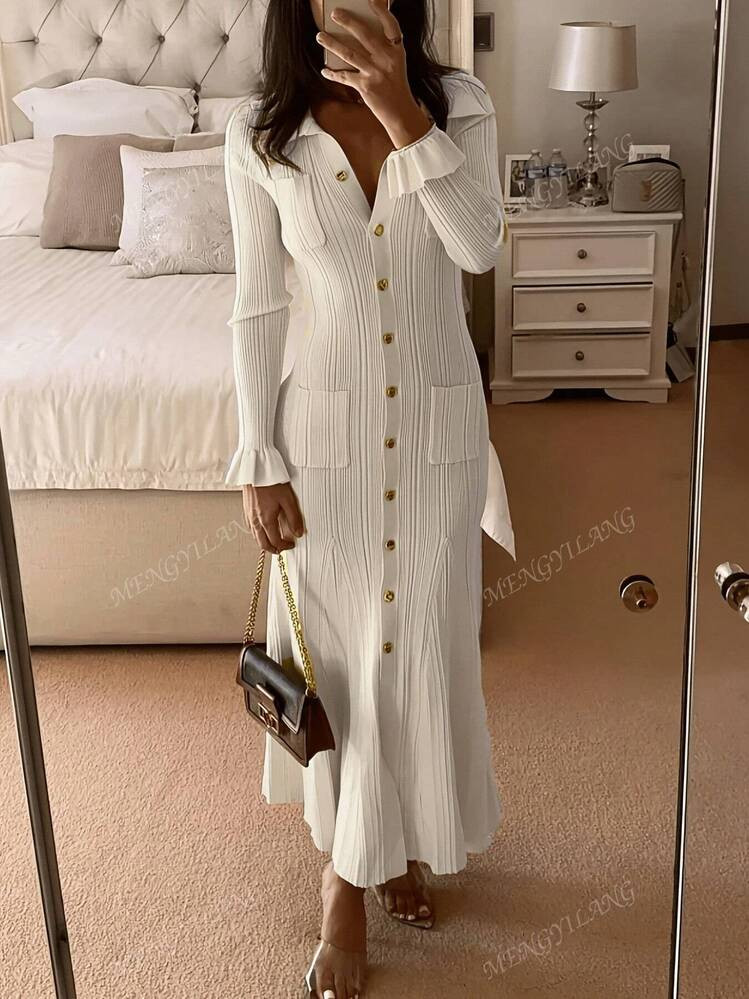 Elegant Commuter Knit Dress, Fashion Long Knit Dress, Daily Slim Fit, Solid Color Versatile Front... | SHEIN