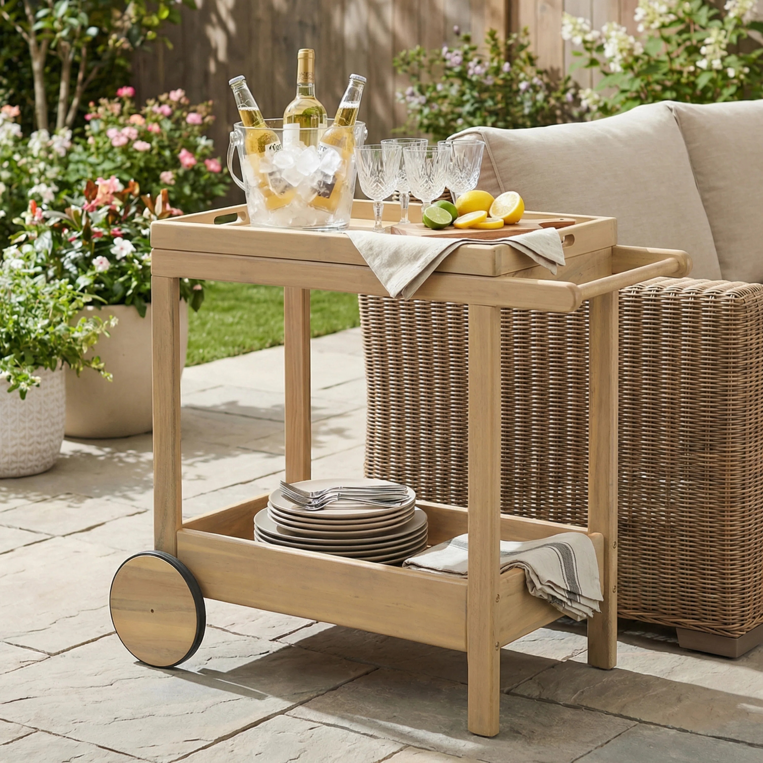 NFusion Rowan Modern Coastal Acacia Wood Outdoor Rolling Bar Cart with Removable Tray and Two-Tier Storage Shelf | Wayfair | Wayfair North America