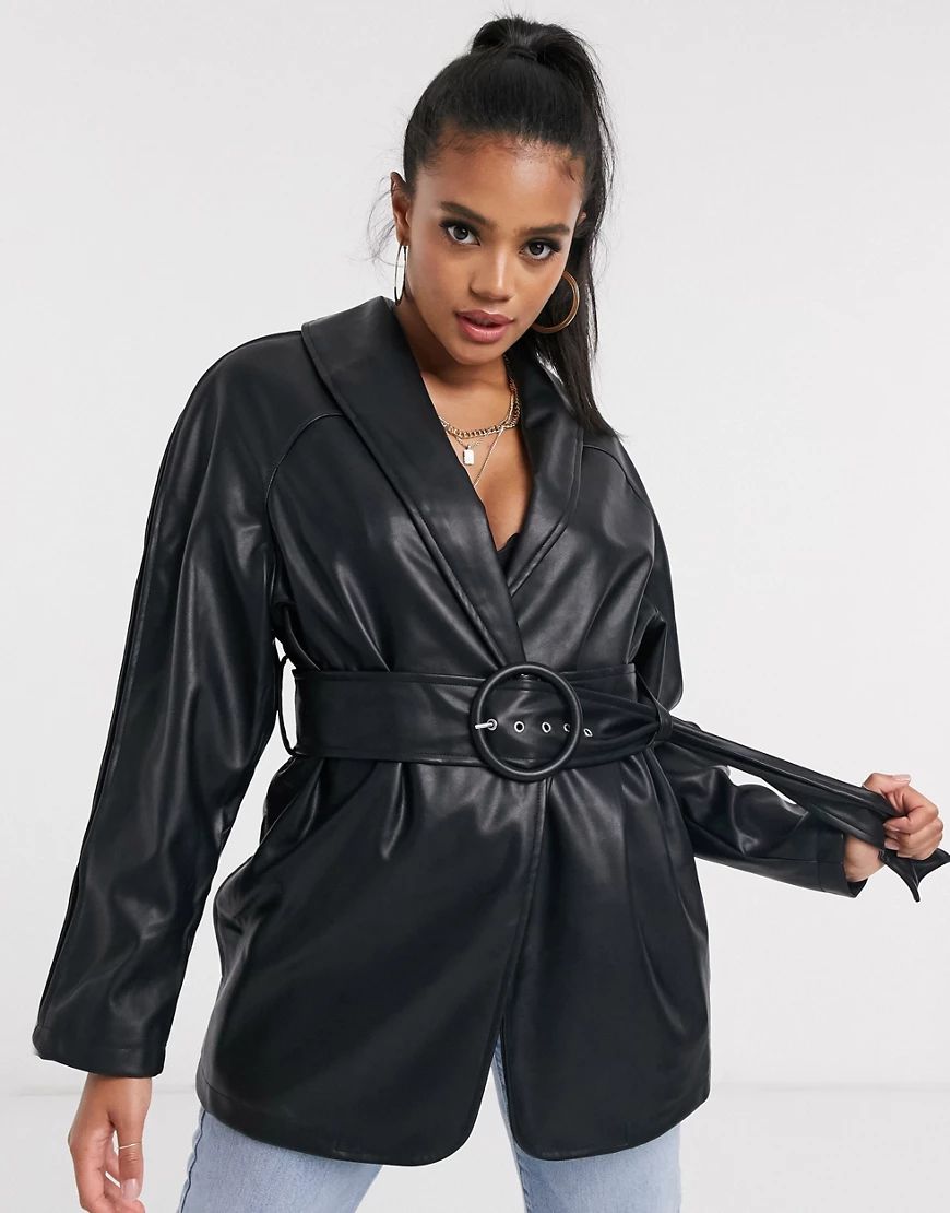 ASOS DESIGN belted leather look jacket in black | ASOS (Global)