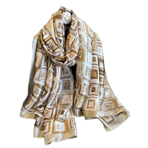 FairyCity Womens Silk Satin Scarf, Geometric Concentric Squares Pattern, Gold Brown Ivory Lightweight Shawl Wrap | Amazon (US)