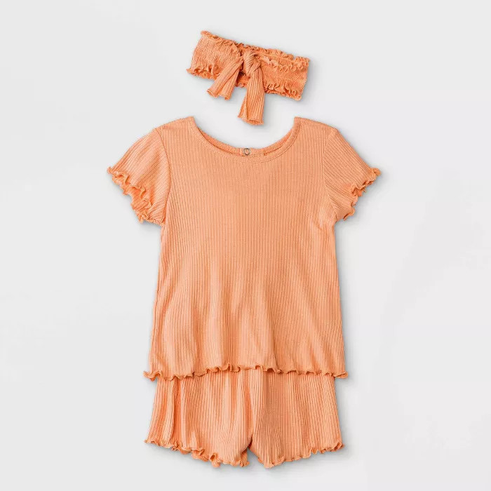 Grayson Mini Baby Girls' 3pc Rib Top & Bottom Set with Headband - Peach | Target