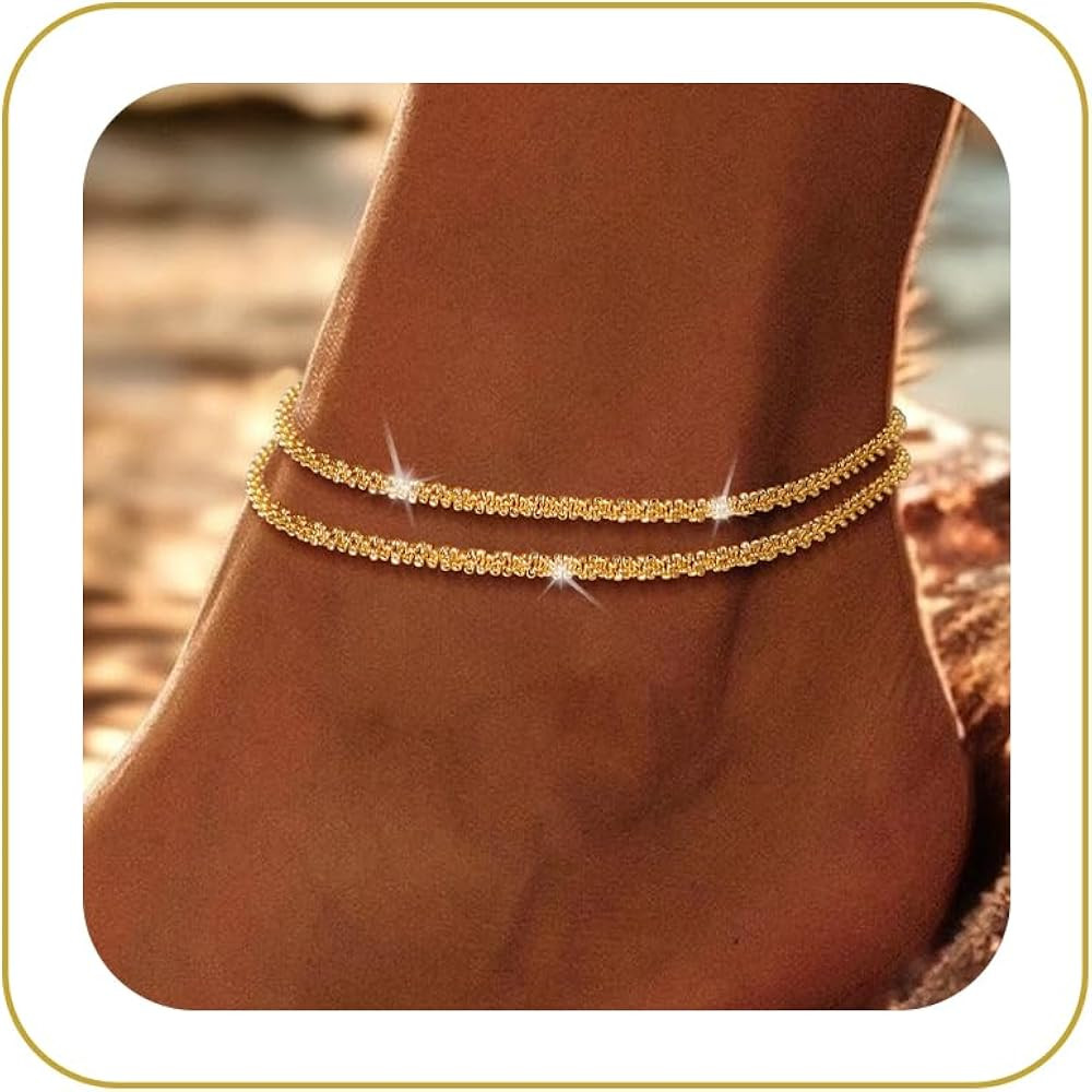 Robaice Ankle Bracelets for Women, Glitter Waterproof Adjustable Anklet for Women, 14K Gold Plate... | Amazon (US)