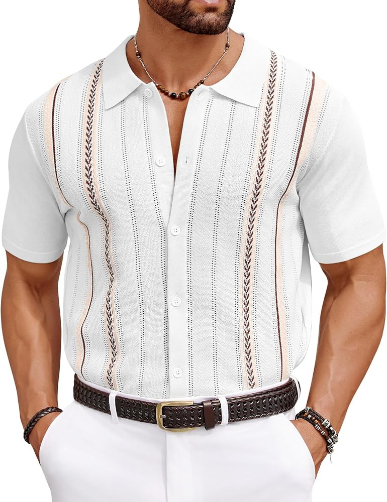 COOFANDY Knit Shirts for Men Casual Short Sleeve Button Down Shirts Summer Beach Stretch Fit Coll... | Amazon (US)