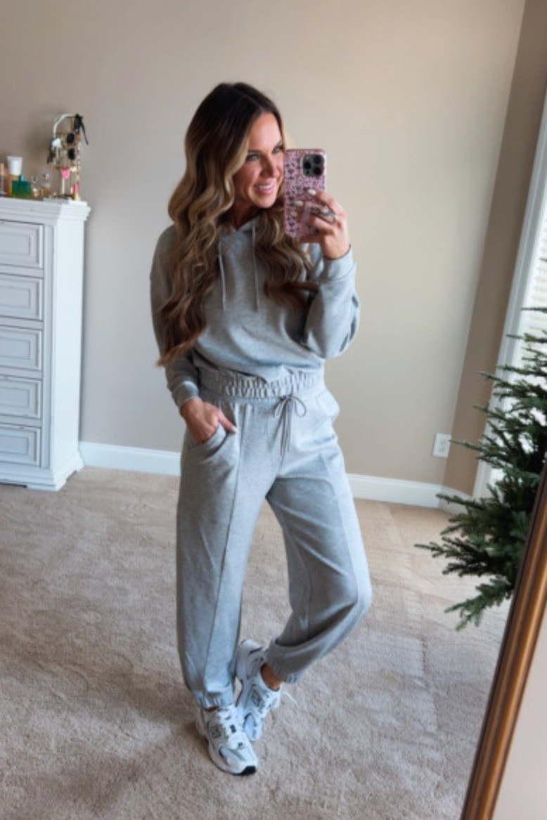 Loving the detailing of this gray pullover hoodie and matching gray joggers! It's luxury for less, and I can't wait to mix and match these pieces into the spring for a cute casual outfit for running errands, a travel day, or lounging around the house. I'm 5'6 140lbs wearing size small, shoes run true to size  

 #LTKgrwm #LTKootd #LTKTravel