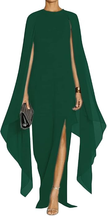Women's Elegant High Split Flare Sleeve Formal Evening Gowns Maxi Dress with Cape | Amazon (US)