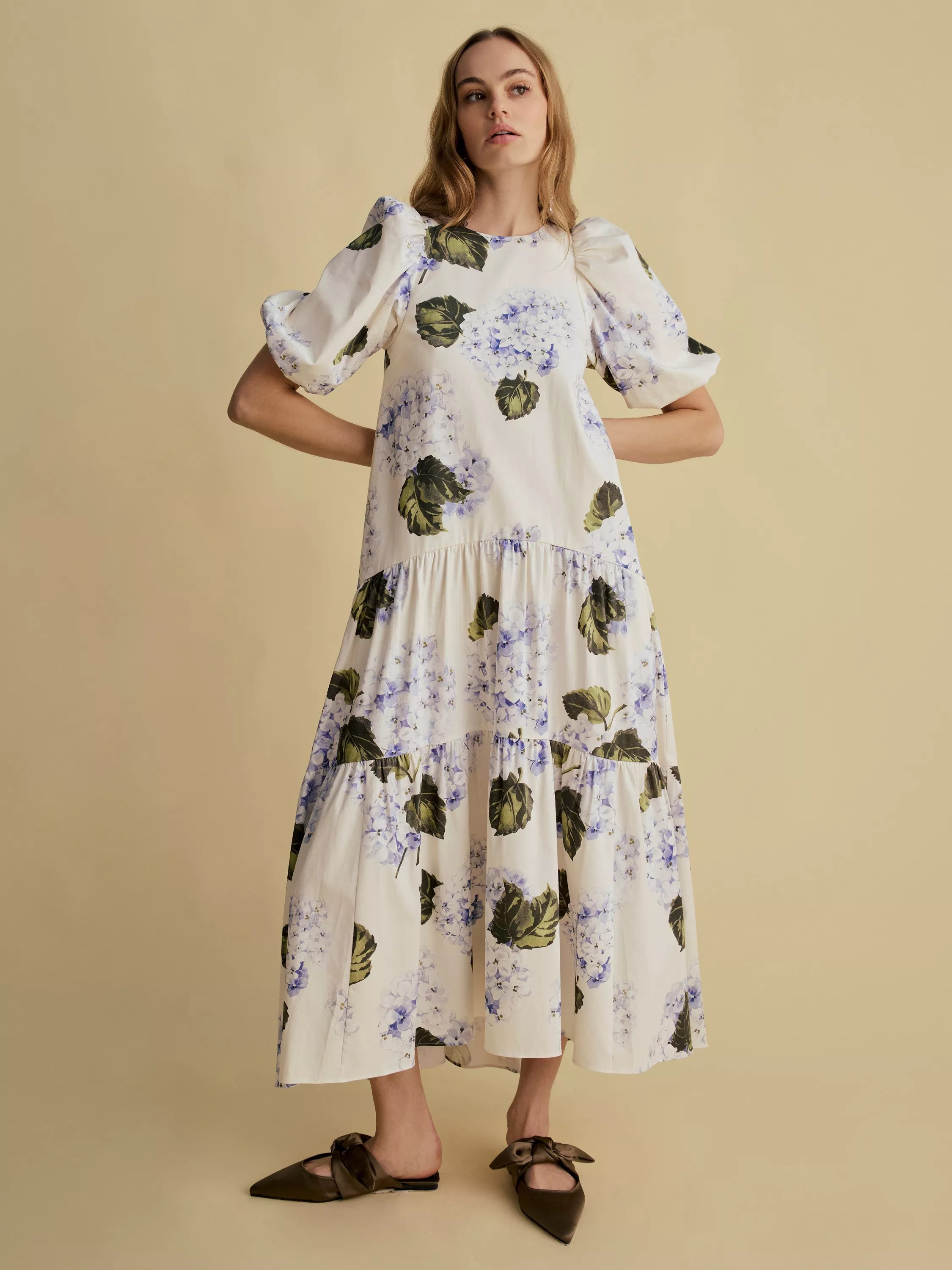FLORERE Puff Sleeve Midi Dress, White/Multi | John Lewis (UK)