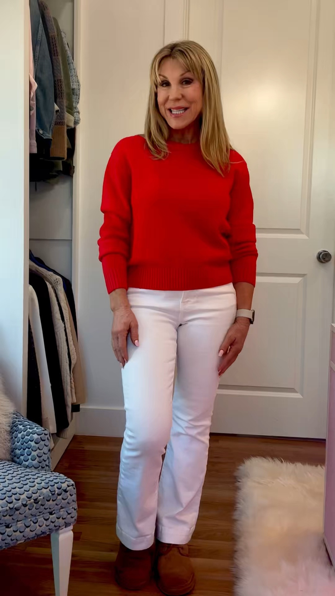 A sweater and a pair of jeans is what we all gravitate to come the cooler weather. By wearing. Pair of white jeans and a bright color like red takes this look to the next level. The sweater comes in different colors but… who can resist this gorgeous red! Then pop on a pair of fur lined Uggs and you not only look fabulous but you feel great too 🥰🤩

#LTKOver40 #LTKStyleTip #LTKSeasonal