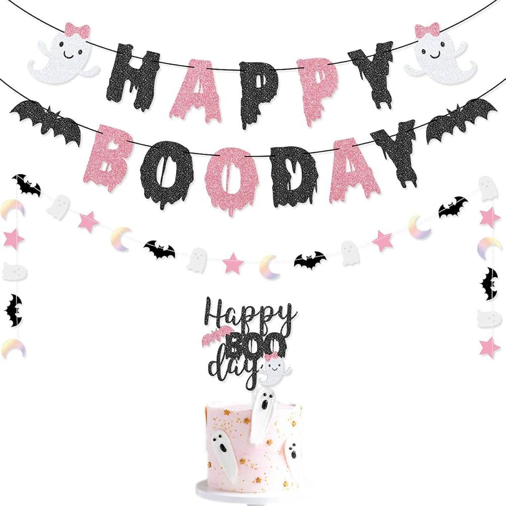 Pink Black Happy Boo Day Banner Happy Boo Day Cake Topper for Pink and Black Girl Halloween Birth... | Amazon (US)