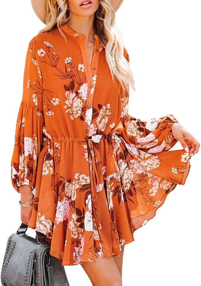 AlvaQ Womens Fall Summer Ruffle Lantern Sleeve Button Down Tie Waist Floral Print Swing Mini Dres... | Amazon (US)