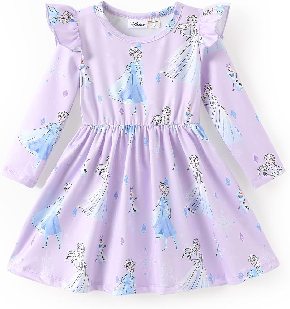 Disney Princess Frozen Elsa Minnie Mickey Stitch Ruffle Sleeve Dress A Line Long Sleeve Kids Clot... | Amazon (US)