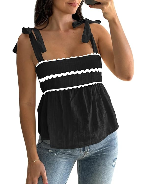Tankaneo Womens Cute Tank Tops Summer Casual Peplum Babydoll Square Neck Tie Strap Backless Shirt... | Amazon (US)