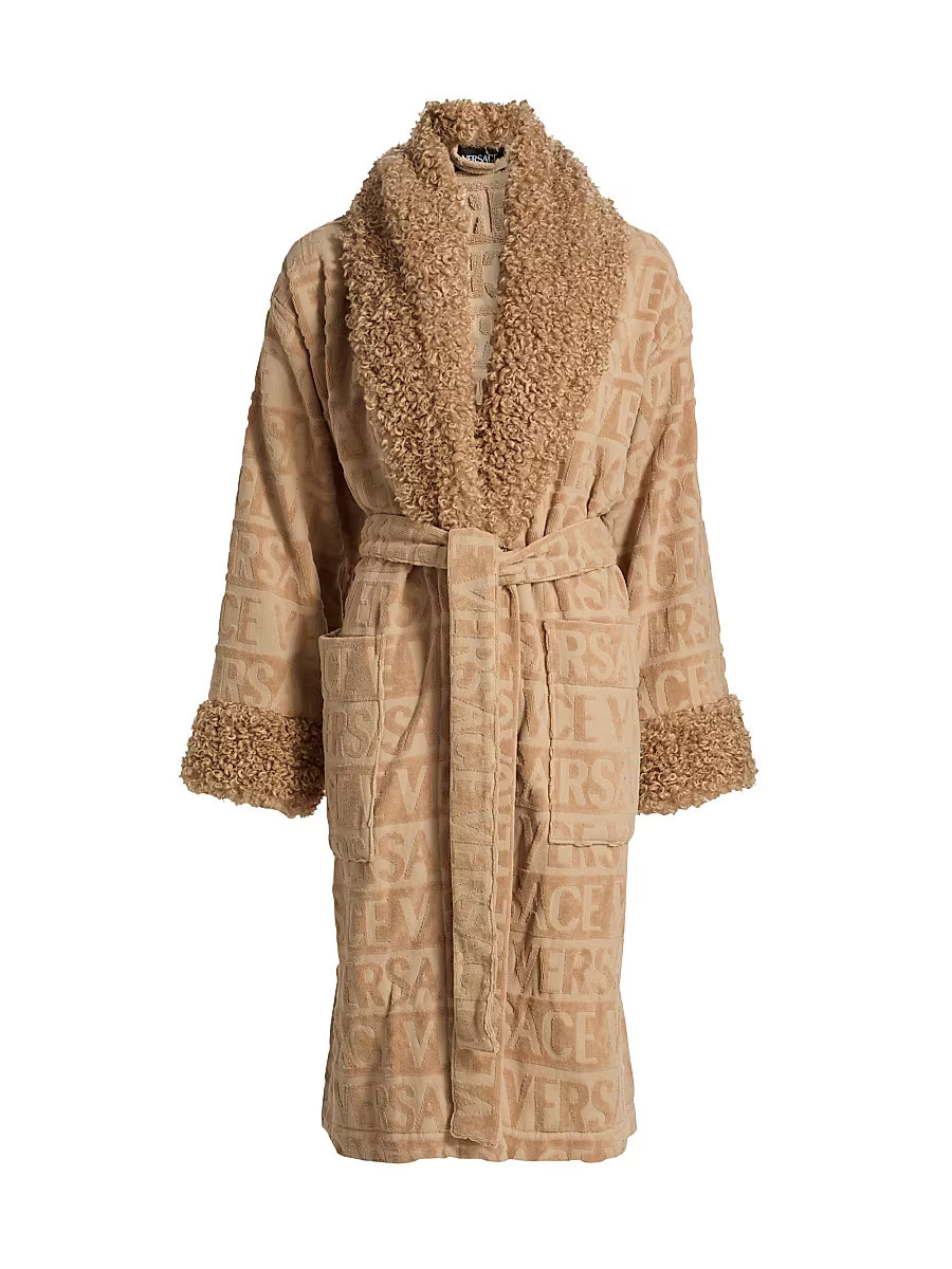 Women's Faux Fur-Trim Logo Terry Bathrobe - Camel - Size Medium | Saks Fifth Avenue