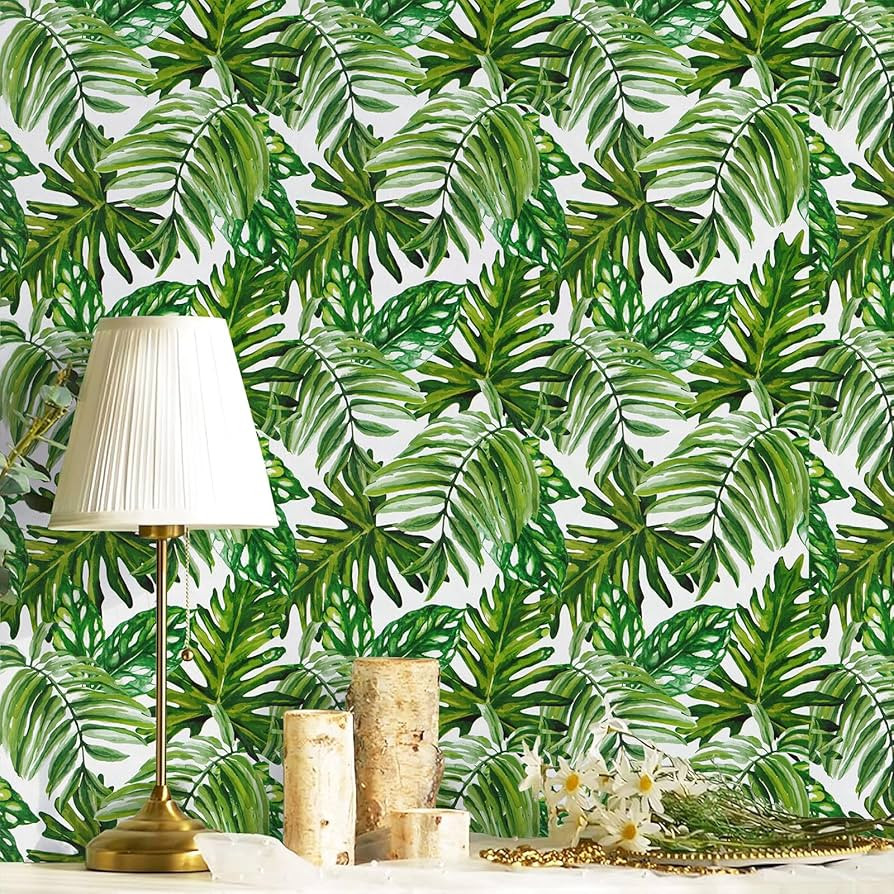 Tropical Palm Leaf Wallpaper Peel and Stick Wallpaper 17.7inchx118.1inch Tropical Wallpaper Palm ... | Amazon (US)