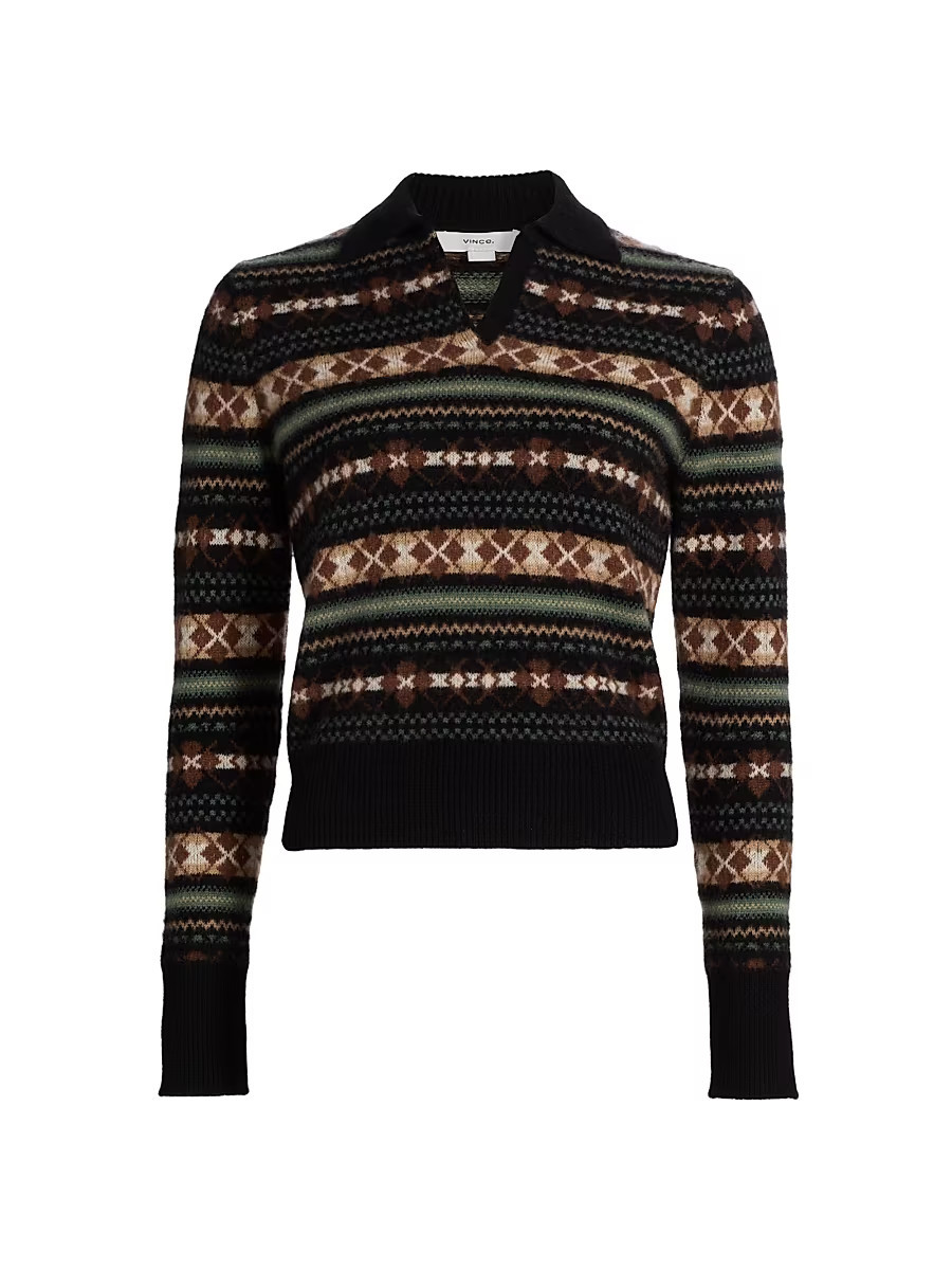 Women's Fair Isle-Style Cashmere Polo Sweater - Cacao Malachite Combo - Size XXS | Saks Fifth Avenue