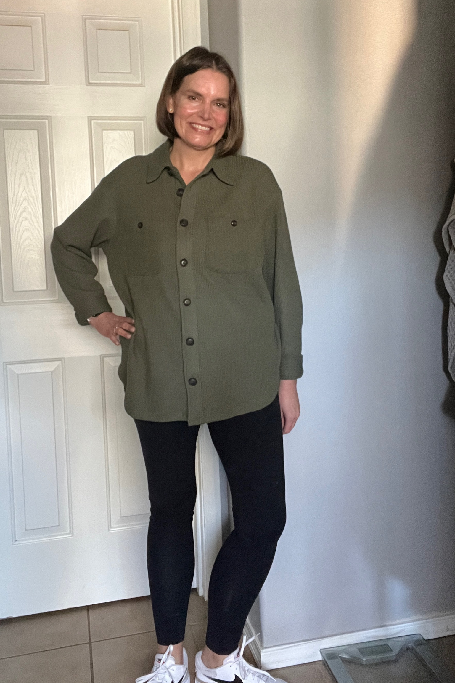 Outfit code: Casual collared shirt + leggings + sneakers 

#LTKmidsize #LTKSeasonal #LTKover40