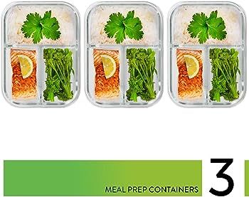 PrepNaturals Glass Meal Prep Containers 3 Compartment - Bento Box Containers Glass Food Storage C... | Amazon (US)