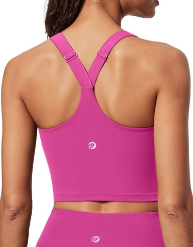 IUGA Buttery Adjustable Workout Tank Tops Woman with Built in Bra Y Back Longline Sports Bra Athletic V-Neck Crop Tops Hot Pink | Amazon (US)