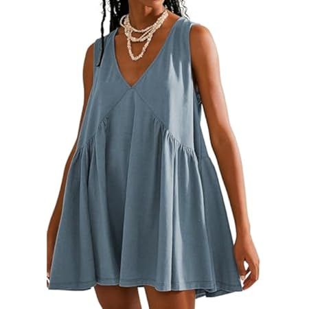 Womens Summer Mini Dress V Neck Sleeveless Tunic Beach Pleated Sundress with Pockets | Amazon (US)