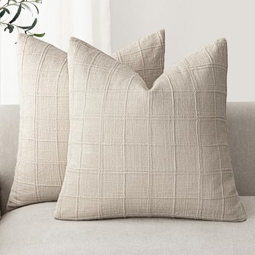 Foindtower Set of 2 Decorative Linen Check Throw Pillow Covers Neutral Farmhouse Vintage Cushion Covers Modern Boho Home Decor For Sofa Chair Couch Bedroom Living Room Outdoor,18×18 Inch,Natural Linen | Amazon (US)