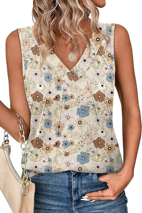 OFEEFAN Tank Tops for Women Loose Fit Sleeveless Shirts V Neck Summer Clothes Ruched Women's Tees... | Amazon (US)