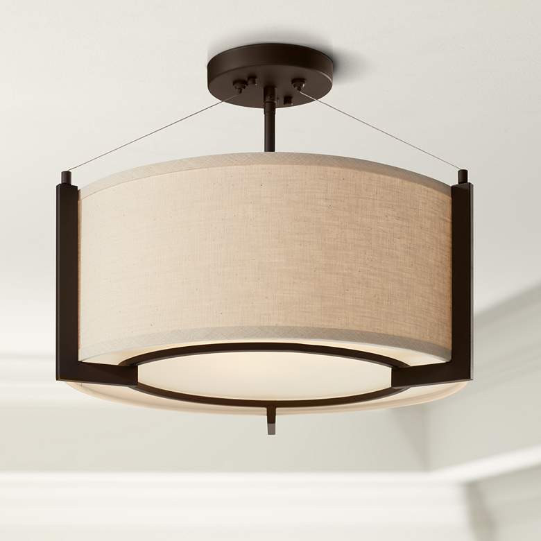 Possini Euro Stinson 17 1/4" Linen and Bronze 3-Light Ceiling Light - #3X123 | Lamps Plus | Lamps Plus