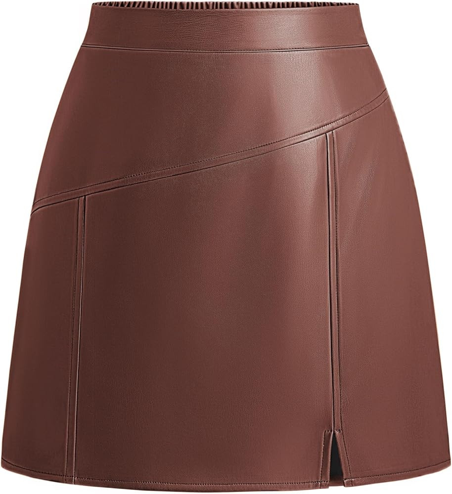 Kate Kasin Women Faux Leather Mini Skirt High Waisted A Line Short Skirt with Slit for Casual Wor... | Amazon (US)