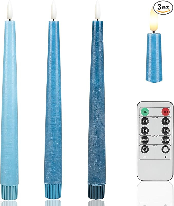 Blue Flameless Taper Candles, 9.6" Real Wax Battery Operated Candles with Remote, 3 Pack Flickeri... | Amazon (US)