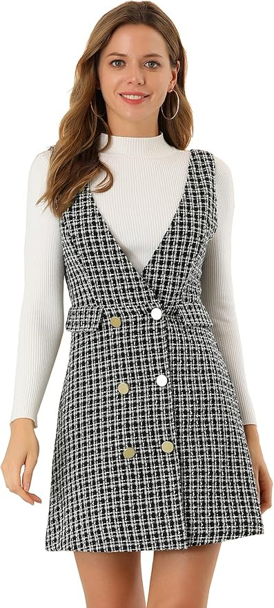 Allegra K Women's Elegant Vintage Button Front V Neck Plaid Tweed Overalls Pinafore Dress | Amazon (US)