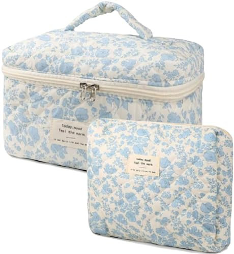 Dkieuyu 2 Pcs Cute Quilted Makeup Organizer Set, Floral Travel Toiletry Bag for Women Girls (A) | Amazon (US)