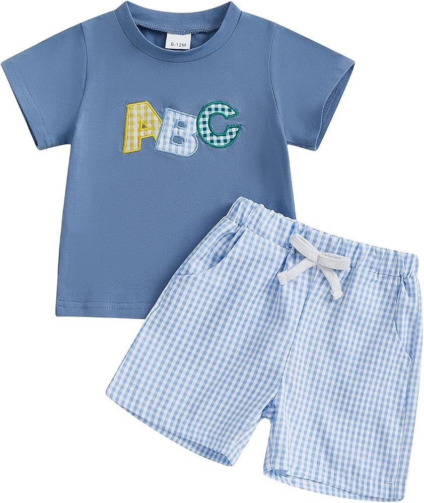 Toddler Baby Boy Back to School Outfit Embroidery Short Sleeve T-Shirt Plaid Shorts Set First Day... | Amazon (US)