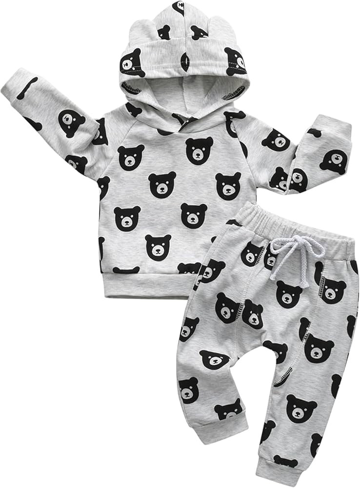Infant Toddler Baby Boy Clothes Long Sleeve Bear Print Hoodie Tops + Pants Sweatsuit Outfits Set ... | Amazon (US)