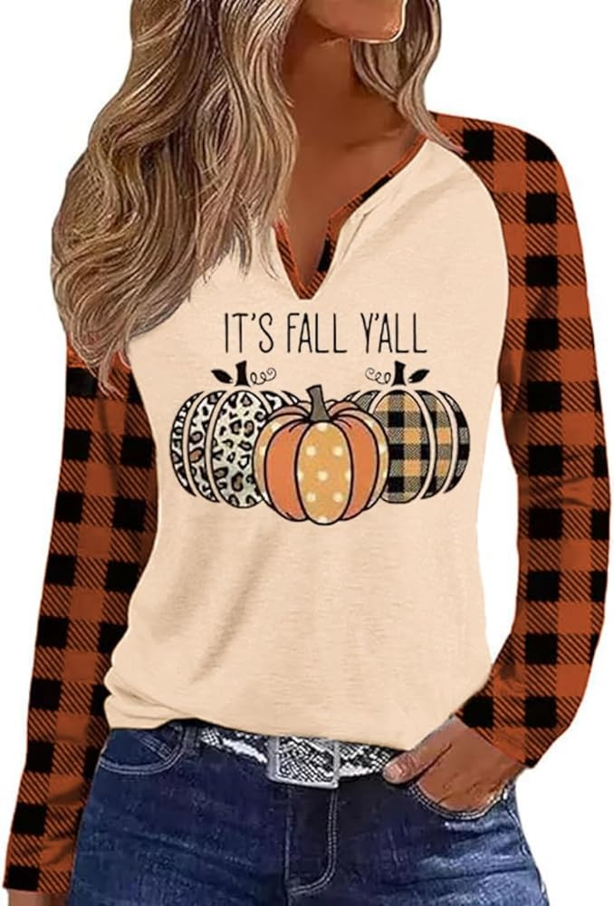 Fall Season V Neck Shirt for Women Funny Halloween Thanksgiving Plaid Long Sleeve Graphic Tee Fam... | Amazon (US)
