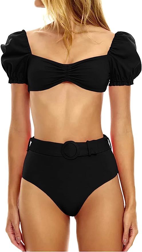 LANNEW Women's High Waist Bikini Sets Tie Back Tummy Control Swimwear 2 Piece Swimsuits with Belt | Amazon (US)