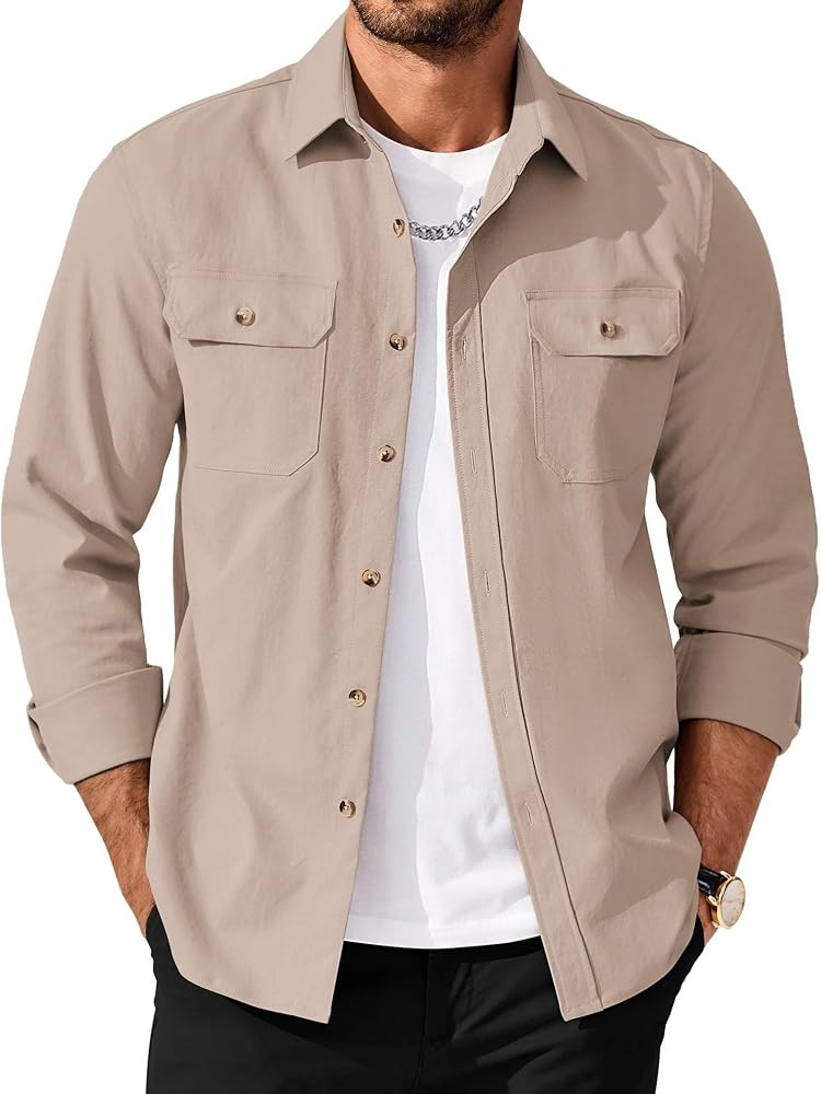COOFANDY Men's Long Sleeve Button Up Shirt Jacket with Flap Pockets | Amazon (US)