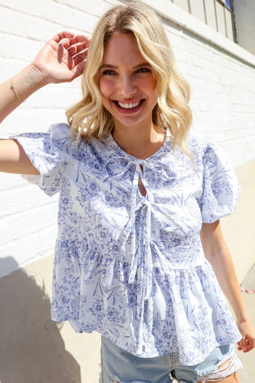 Follow Me Ivory Vintage Floral Bow Tie Folded Puff Sleeve Babydoll Top Large | Casual Chic Boutique