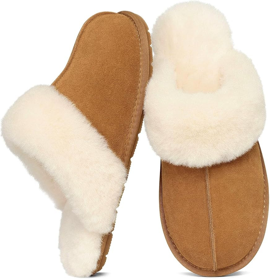 KIDMI 100% Genuine Leather Slippers for Women Fuzzy Winter Scuff House Shoes Cozy Warm Slip on Be... | Amazon (US)