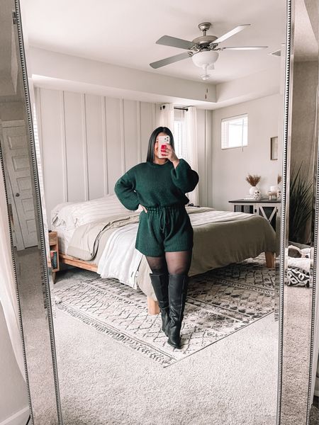 Amazon outfit! I’m 5’1”, size 10-12. Wearing a large in this knit romper. Boots are true to size and made for extra wide calves. 

#LTKHoliday #LTKmidsize #LTKSeasonal