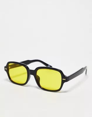 ASOS DESIGN mid square sunglasses in black with yellow lens | ASOS (Global)