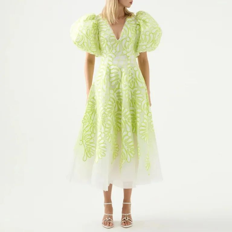 Midi Dresses For Women V Neck Short Puff Sleeve High Waist Elegant Mesh Dress Female | Walmart (US)