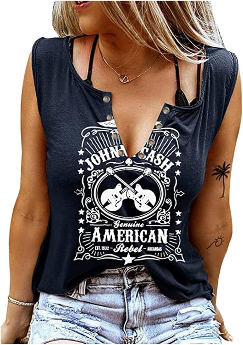 Women Summer Sleeveless V Neck Tank Tops Casual Country Music Ring Hole Tee Shirt | Amazon (US)